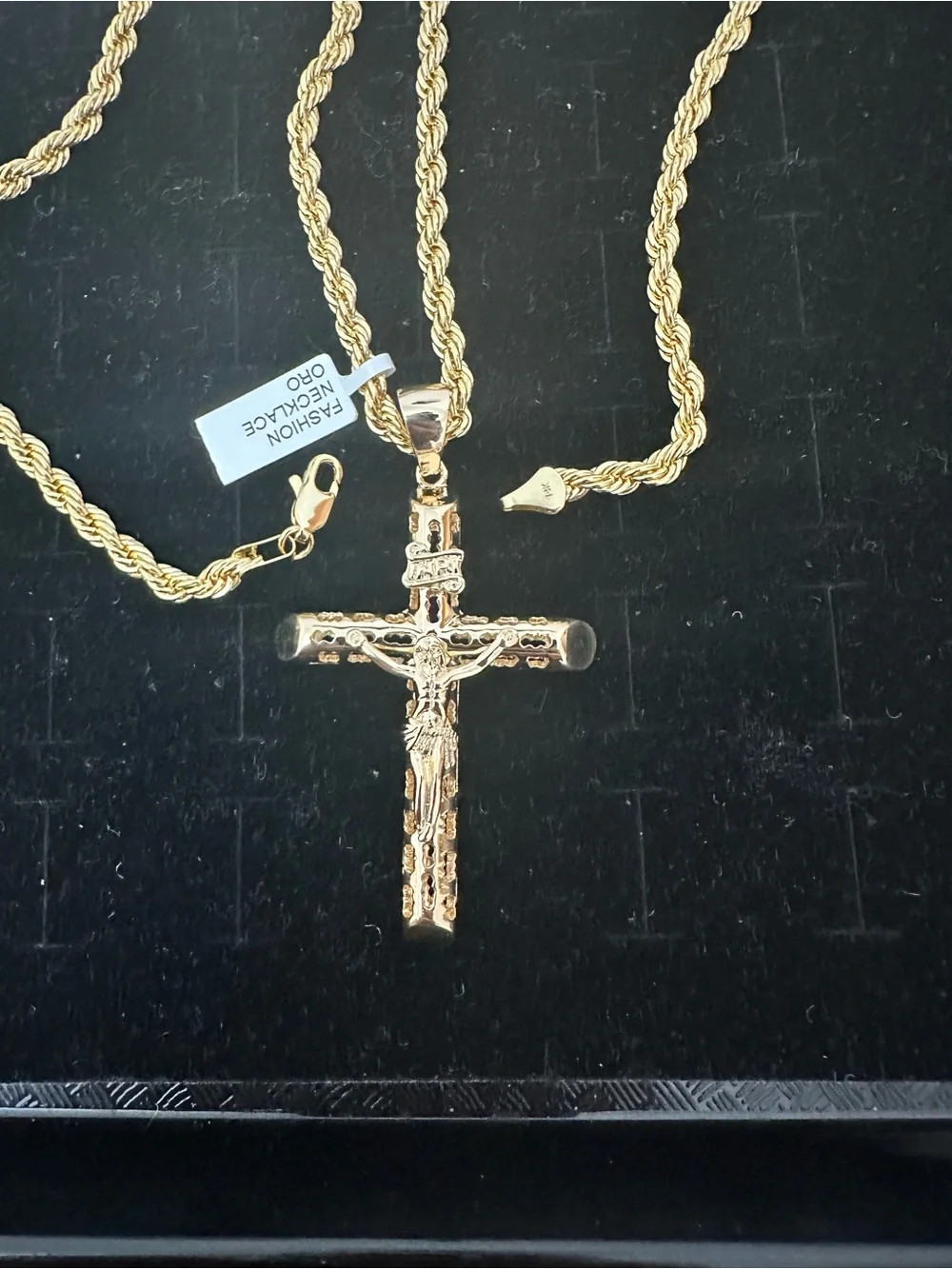 New Gold plated cross Jesus Crucifix Pendant charm with new Rope Chain